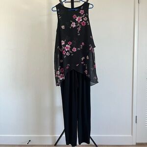 EMMA & MICHELE Jumpsuit Dress Black Pink Floral Tulip Bodice Sheer Overlay